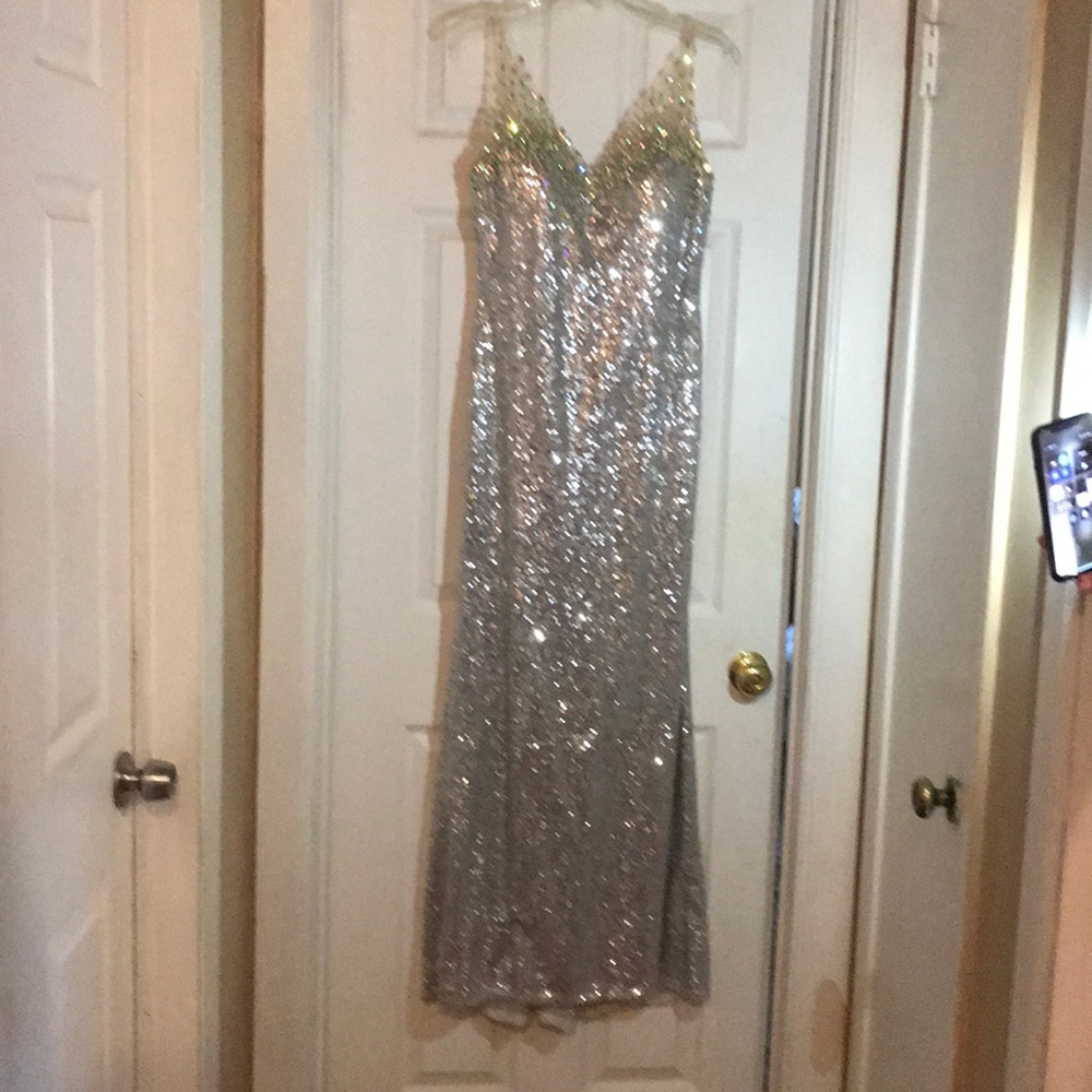 Silver sequin gown by La femme size 10